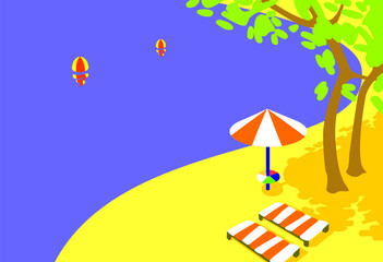 landscape: beach on a river or lake, water surface, trees, yellow sand, umbrella for protection from the sun, trestle beds for sunbathing