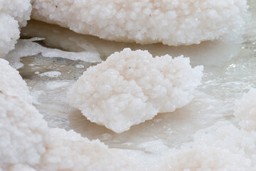 close up of rock salt at Dead Sea, Jordan