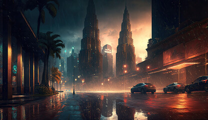 Cyberpunk Art Meets Rainy Cityscape at Sunset Created Using Generative Ai