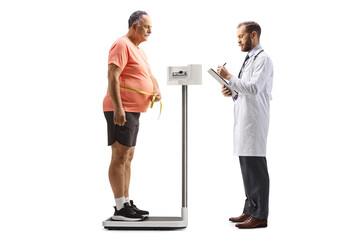 Doctor and a mature patient standing on a weight scale