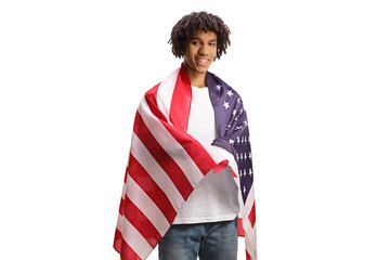 Young african american man wrapped with a USA flag