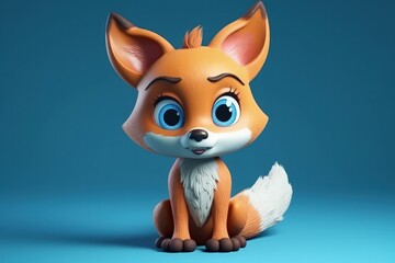 Cute Cartoon Fox With Very Big Eyes Blue Gradient Background. Generative AI