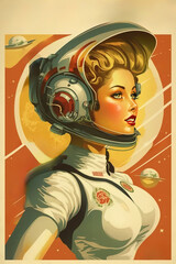 Girl astronaut, Attractive cosmonaut woman character. Toon Comic style. Retro Futurism Poster