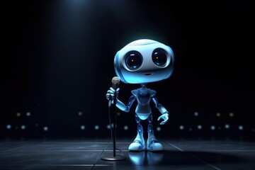 Cute Cartoon Robot With Very Big Eyes Singing Stage A Grand Stage With A Spotlight Shining. Generative AI
