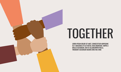 A flat vector illustration of the hands of a multinational people making a gesture of unity, cohesion and support. Banner with space for text.