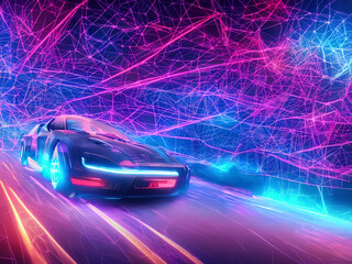 Fototapeta na wymiar futuristic supercar 3d rendering, abstract virtual reality violet background, cyber space landscape with unreal mountains. Neon wireframe terrain