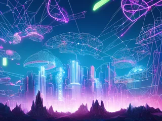 Poster 3d rendering, abstract virtual reality violet and cyan background, cyber space landscape with unreal mountains. Neon wireframe terrain © ibreakstock