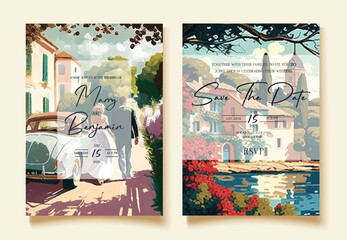 Watercolor wedding invitations cards with bride and groom on summer background. Vector template.