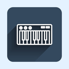 White line Music synthesizer icon isolated with long shadow background. Electronic piano. Blue square button. Vector