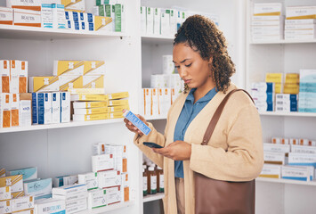 Pharmacy, medication and woman customer shopping for healthcare products or drugs in a drugstore. Dispensary, medical and female doing research with a phone on medicine in retail pharmaceutical shop.