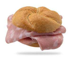 Mortadella sandwich. Typical Italian bread called rosetta stuffed with Mortadella Bologna which is a great Italian sausage. Isolated