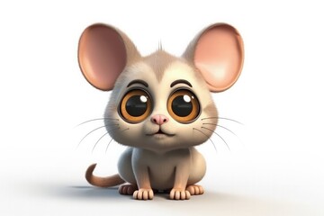 Cute Cartoon Mouse Cat With Very Big Eyes White Background. Generative AI