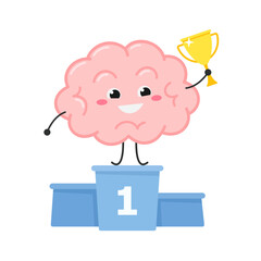 Smiling cartoon brain character on winner podium