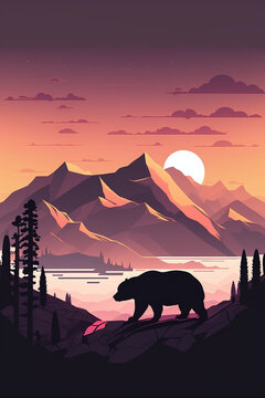 Minimalistic flat design Brown Bear silhouette with mountain landscape. Generative AI illustration