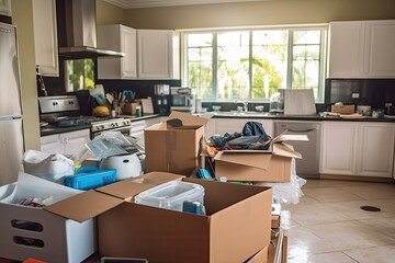 Packing boxes to move out of home. Photo generative AI