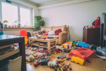 Messy Living Room - Kids' Toys Everywhere. Photo generative AI - obrazy, fototapety, plakaty