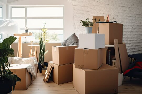 Ready to move: Packed Boxes, Ladder, Plants, etc. Photo generative AI