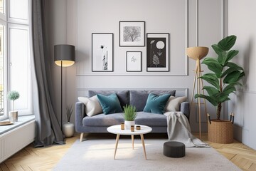 Living Room Decor with Gray Walls and Picture Frames. Photo generative AI
