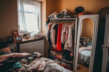 Fototapeta na wymiar Girl's Room: Closet of Clothes and Vanity of Toiletries. Photo generative AI