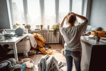 Housewife cleans on sunny day, view from rear. Photo generative AI