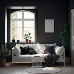Contemporary Scandinavian Apartment Interior Design: White Sofa and Dark Stucco Wall Contrasts in Living Room with Window View. Generative AI