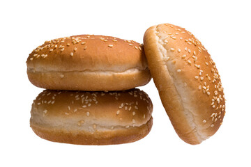 Three burger buns isolated on transparent background