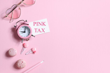 pink tax concept. watches, glasses, hairpins, pen and macaroons in pink colors. copy space. items for women