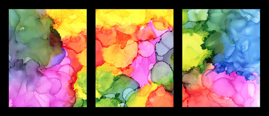 Set Abstract smoke watercolor and alcohol ink painting. Rainbow color background. Marble texture.