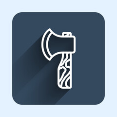 White line Wooden axe icon isolated with long shadow background. Lumberjack axe. Blue square button. Vector