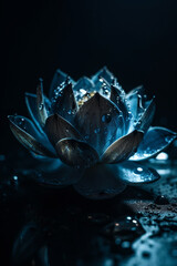 A black lotus flower with water drops on it
