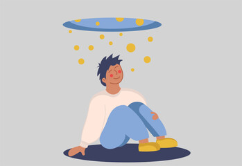 Happy man is inspired sits and rejoices. Cheerful boy sits under falling balls and is happy in life. New dreams and achievements, human freedom and human development. Vector illustration