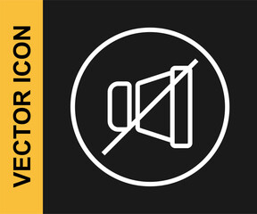 White line Mute microphone icon isolated on black background. Microphone audio muted. Vector