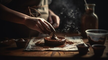 Fototapeta na wymiar a person is frosting a chocolate cupcake with a spoon and a cup of coffee in front of them on a wooden table with a cloth. generative ai