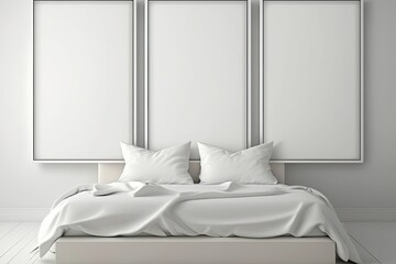 cozy bedroom with white bedding and pillows. Generative AI