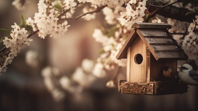  a bird house hanging from a tree with white flowers in the background and a bird sitting on the branch of a tree with white flowers in the foreground.  generative ai
