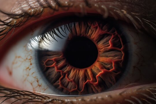  a close up of a human eye with a red iris and black iris in the center of the iris and a black circle in the center of the iris.  generative ai