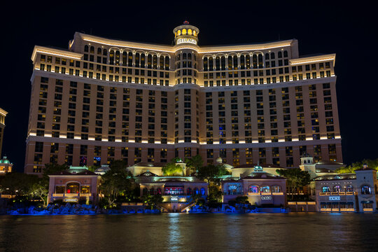 Beautiful view of Bellagio casino hotel on Strip in Las Vegas in night. Las Vegas. Nevada. USA.