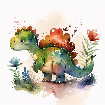 cute animal watercolor illustration for kids dinosaur