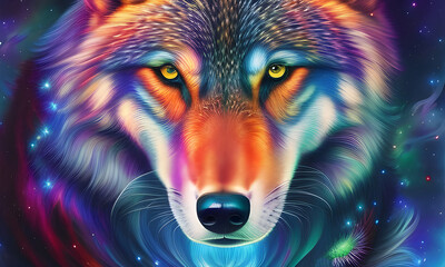 Portrait of a colorful cosmic wolf. Generative AI.