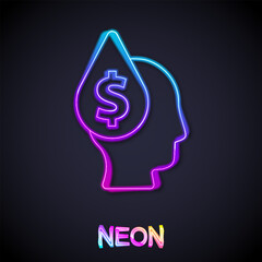 Glowing neon line Oil drop with dollar symbol icon isolated on black background. Oil price. Oil and petroleum industry. Vector