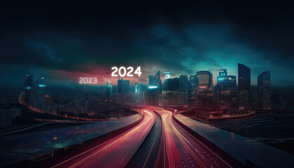 Fototapeta premium Futuristic dark cityscape, highway with car traces, glowing figures 2024 in the sky