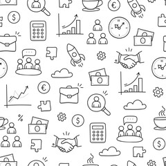 Business job icon doodle seamless pattern background. Business teamwork, office, career concept doodle line sketch style pattern with money, rocket, calculator element. Vector illustration