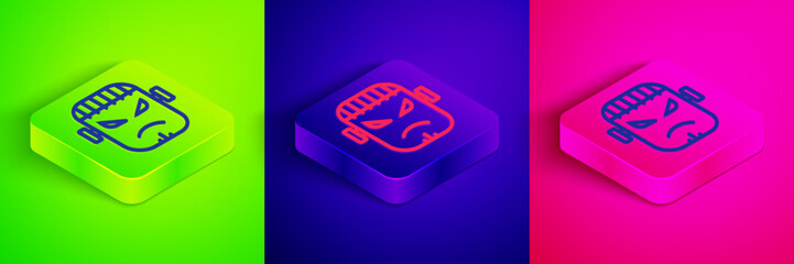 Isometric line Scary monster - Frankenstein face icon isolated on green, blue and pink background. Happy Halloween party. Square button. Vector