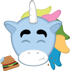 vector illustration cartoon unicorn face eating and savoring a hamburger