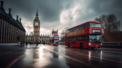 Naklejka na ściany i meble Big Ben Clock Tower and London Bus, Generative Ai