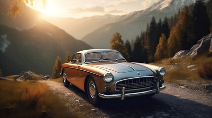 Fototapeta na wymiar Classic car parked in the mountains in the morning. 3d render and illustration, Generative Ai