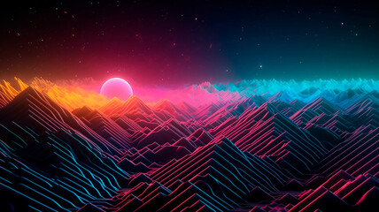 Colorful landscape illustration, holographic mountains with bright colors, beautiful futuristic landscape, generated with AI generative technology.people discussing new order