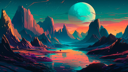Colorful landscape illustration, holographic mountains with bright colors, beautiful futuristic landscape, generated with AI generative technology.people discussing new order