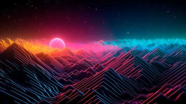 Colorful landscape illustration, holographic mountains with bright colors, beautiful futuristic landscape, generated with AI generative technology.people discussing new order