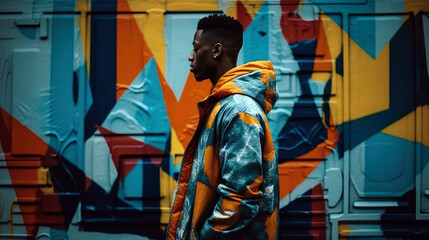 man wearing a bright, color-blocked outfit, featuring a mix of bold hues and contrasting patterns, Generative AI